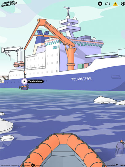 Illustration eines Schlauchboots in arktischem Gewässer, das auf ein Forschungsschiff zufährt