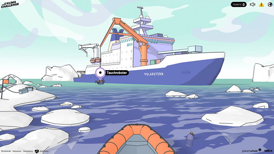 Illustration eines Schlauchboots in arktischem Gewässer, das auf ein Forschungsschiff zufährt