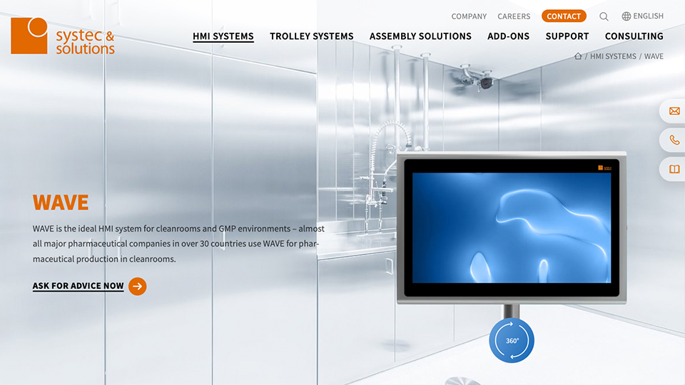 Bildschirmfoto der Produktseite WAVE mit einem HMI-Gerät in einem Reinraum